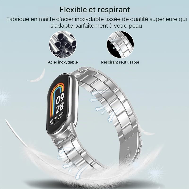 BANGTING Steel Straps Compatible with Xiaomi Mi Band 8 and Xiaomi Smart Mand 8, Replacement Metal Strap and 2 Screen Protectors for Mi Band 8