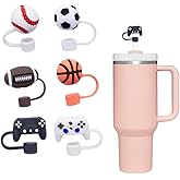 (6Packs) 10mm Basketball, football, rugby GamePad PVC Silicone Straw Covers Caps Straw Tips Cover for Stanley Tumblers Reusable Drinking Straws Christmas Gifts