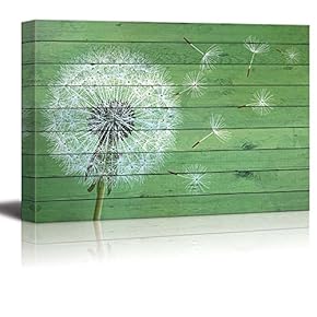 Dandelion Over Green Wooden Panels - Canvas Art Home Art - 12x18 inches