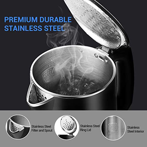 Electric Kettle, CUSIBOX 1.5L Stainless Steel Kettle Cool Touch Double Water Kettle with Overheating Protection, Boil Dry Protection and Automatic Shut Off