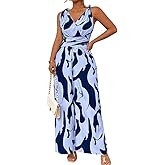 Scacto Women's Casual Jumpsuit Abstract Print Wide Leg Jumpsuits Sleeveless Beach Rompers Long Pants