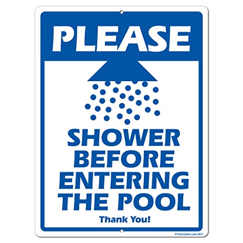 VictoryStore Yard Sign Outdoor Lawn Decorations: Please Shower Before Entering the Pool Aluminum Sign, Size 18 inch x 24 inch