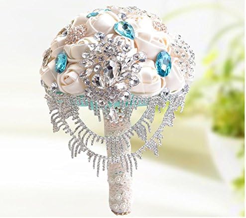 Hestian 7" the Most Beautiful Queen Bouquet Luxury Handmade Romantic Silk Roses with Deluxe Flower Style and Elliptical Shape Rhinestones,the Rhinestones Chain Rose Bridal Wedding Bouquet Silk Rose Hand Tie (light blue)