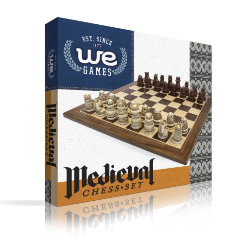 WE Games Medieval Chess Set - Polystone Pieces with Distressed Wooden Board 15 in.