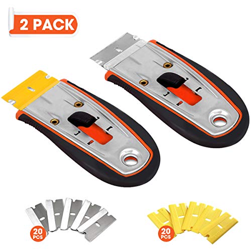 2 Pack Razor Scrapers Retractable Glass Sticker Scraper with 20 Carbon Steel Blades & 20 Plastic Blades Utility Mini Removal Tool for Cleaning Glass,Decals,Labels,Paint and More - Thumbnail 7