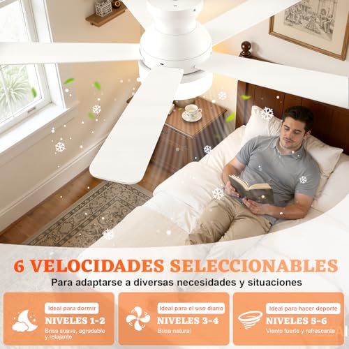 Ventilador de Techo con Luz de 42 Inch/107cm, Montaje Empotrado con Control Remoto, Silencioso de 5 Aspas, 3cct+6 Velocidades, Motor Reversible, Blanco