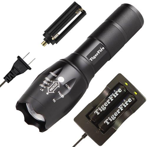 TigerFire 900 Lumen Tactical Flashlight - CREE XM-L T6 LED, 5 Modes, Adjustable Focus, Water Resistant, Two 18650 Rechargeable Batteries and Dual Charger Included - White Light