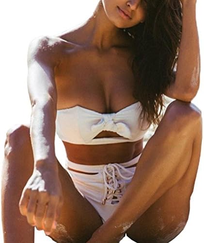 Women Bikini Set Daoroka Ladies 2 Piece Sexy Off Shoulder Push-Up Padded Bandage Swimsuit Swimwear Beachwear Bathing Suit (L, White)