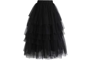 CHICWISH Women's Nude Pink/Black Tiered Layered Mesh Ballet Prom Party Tulle Tutu A-line Midi Skirt