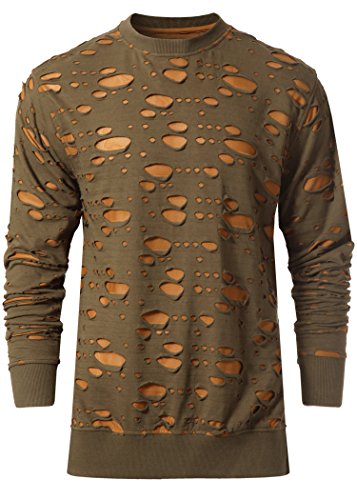 Men hipster two tone ripped long sleeve crewneck top wi…