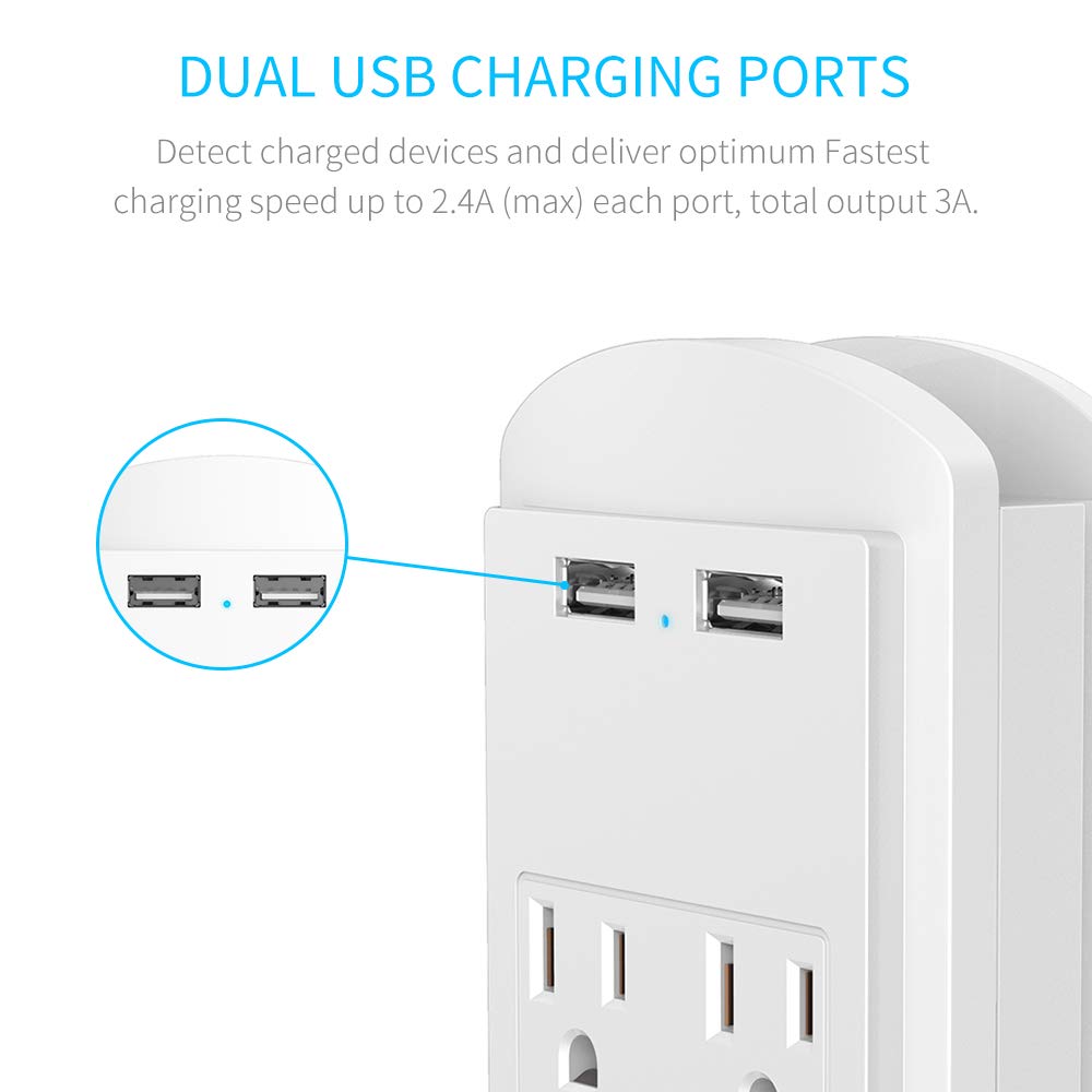Multi Wall Outlet USB Wall Charger with Phone Holder Outlet Extender Surge Protector with Dual Outlets and Dual USB Ports (White)
