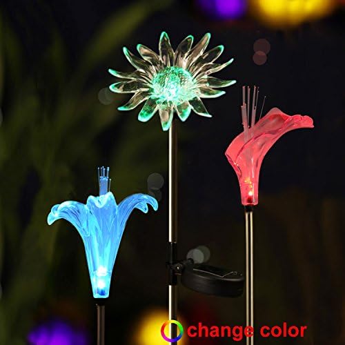Voona 3-Pack Solar Stake Light with Color Changing LED, Clear Fiber Lily, Fiber Calla Lily, Daisy Stake Mixed for Outdoor Garden Pathway Lawn Yard Decoration (Flowers)