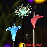 Solar Garden Decoration Lights - Voona 3-Pack Solar Color Changing LED Stake Lights Clear Fiber Lily, Fiber Calla Lily, Daisy Mixed for Outdoor Pathway Party Holiday Christmas (Flower Stakes)