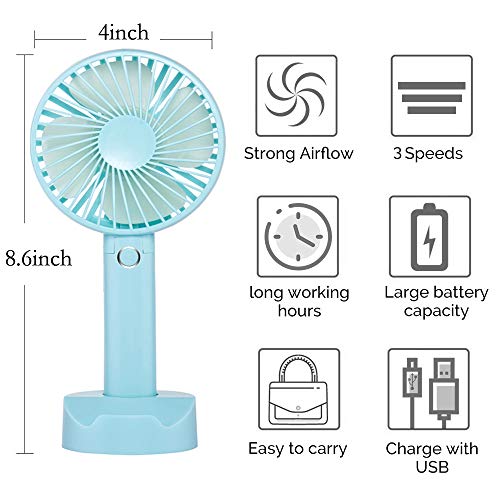 Battery Handheld Fan, Portable Battery Operated Fan : Rechargeable & Adjustable 3 Speeds Mini Personal Electric USB Fan with Desk Stand for Home/Office/Travel/Outdoor (Blue)