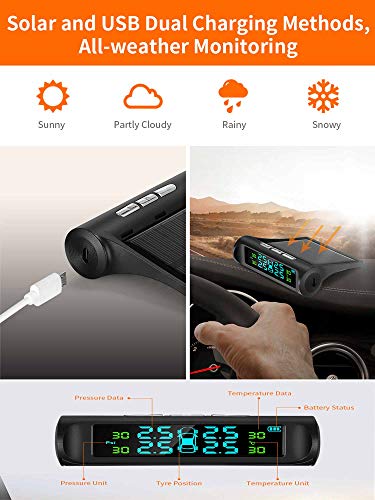 Car TPMS, Tire Pressure Monitor System, with 4 External Sensors, Solar Power Universal Real-time LCD Display 4 Tires Pressure and Temperature Monitor, Auto Safe Warning (Color Screen) - Thumbnail 4