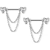 Pierced Owl 14GA 316L Stainless Steel CZ Crystal Hearts with Double Dangling Chains Nipple Barbells, Sold as a Pair