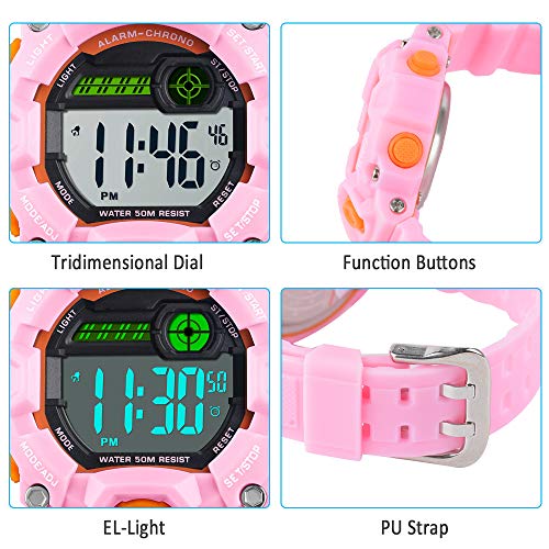 Venhoo Kids Digital Watches Outdoor Sport Waterproof Electronic LED Alarm Stopwatch Wrist Watch for Kids Girls-Pink