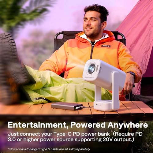 Aurzen Roku TV USB-C Powered Smart Portable Projector with Wifi and Bluetooth, D1R air Roku TV Built-in, Native 1080P, DoIby Audio, Mini Projector for Home, Soccer Game/Outdoor Movies, White