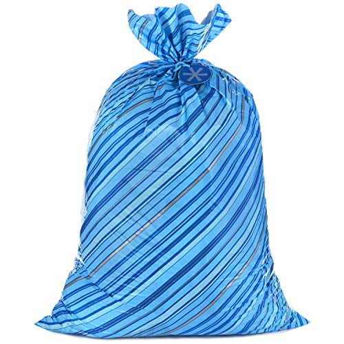 Hallmark 56" Large Holiday Plastic Gift Bag (Blue Stripes with Gift Tag) for Hanukkah, Christmas, Birthdays and More