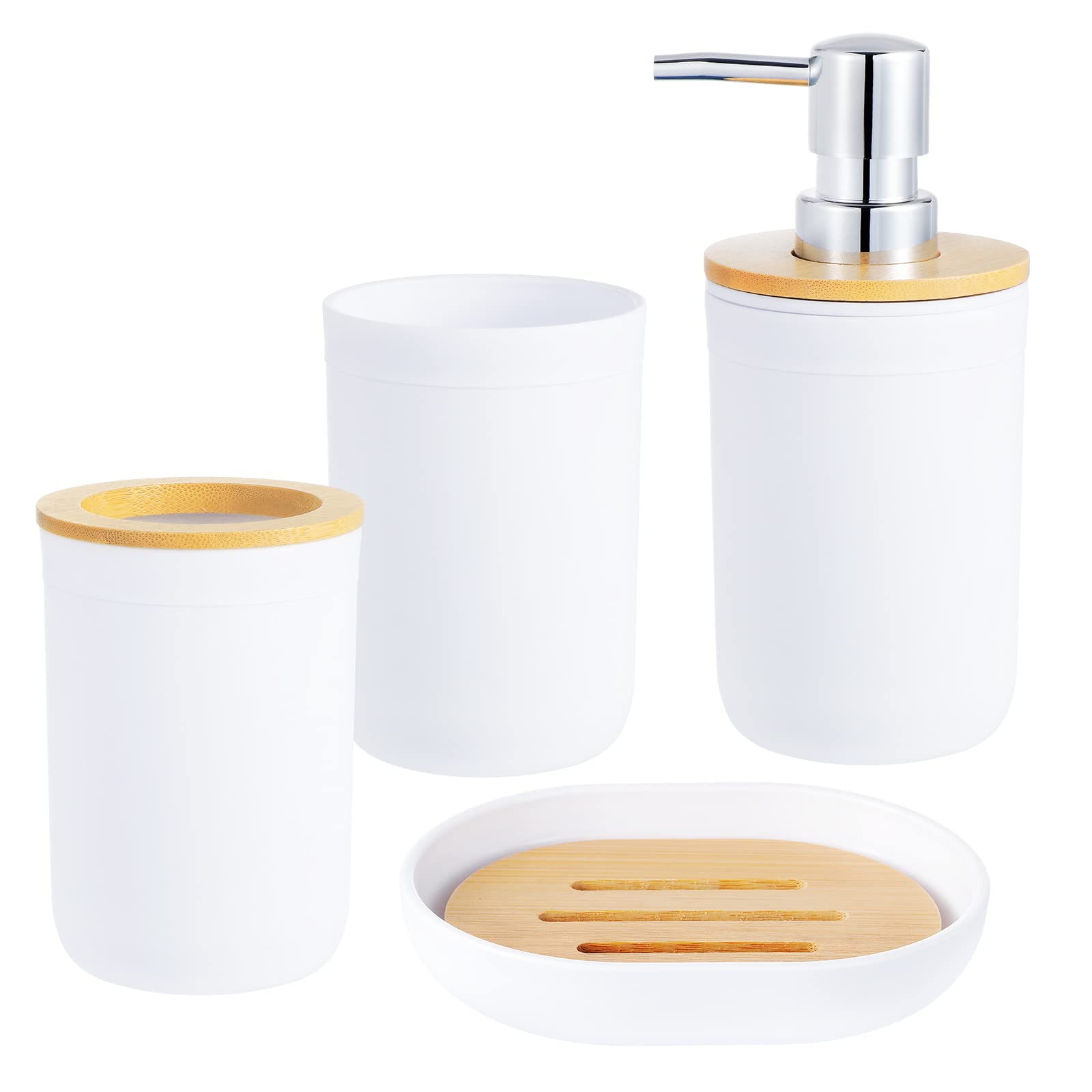Kinsinder Bathroom Set of 4 pac Polypropylene & Bamboo Soap Dish, Toothbrush Holder, Mouthwash Cup, Lotion Bottle with Bamboo Cover (White)