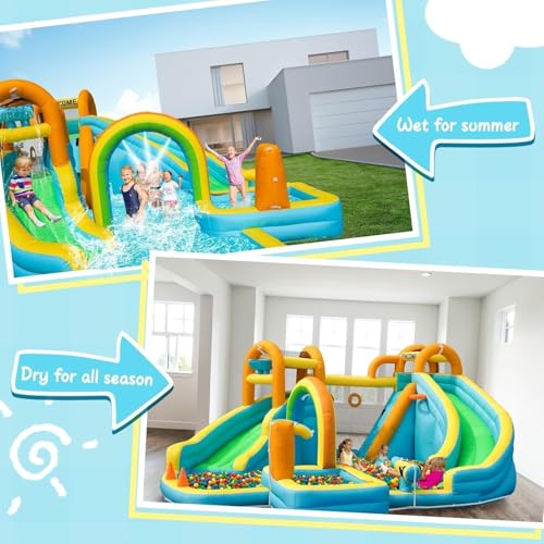 FINCOME Inflatable Water Slide, Bounce House with 2 Slide for Kids, Inflatable Waterslide Park with Splash Pool, Basketball Hoop, Ball Shooting & Water Cannon for Backyard, Outdoor, Indoor
