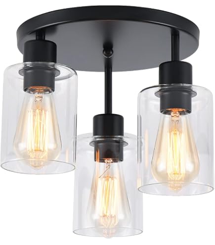 Feohak 5-Light Farmhouse Kitchen Island Light, Rustic Wood & Black Metal Pendant With Clear Glass Shades For Dining Room Or Over Table