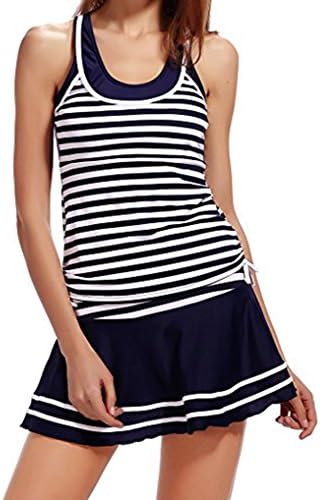 Bechic Women's Retro 2 piece Sailor Striped Swimsuits Summer Bathing suits with Swimdress(Navy/Pink/Blue)