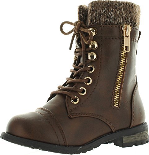 JJF Shoes Mango-31 Kids Brown Round Toe Military Lace Up Knit Ankle Cuff Low Heel Combat Boots-10