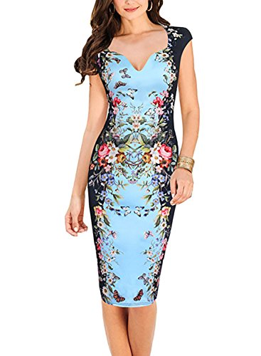 oxiuly Women's Print Formal Work Sheath Cotton Party Evening Cocktail Dress X160 (XL, Blue)