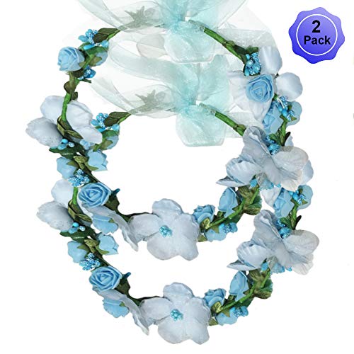 Flower Crown Headband Wreath Garland Hair Bands Floral Wedding Bridal Hair Hoop Women Leaf Ribbon Party Decoration Headdress Headwear Christmas Handmade Headpiece Hair Accessories 2 Pack Blue - Thumbnail 6