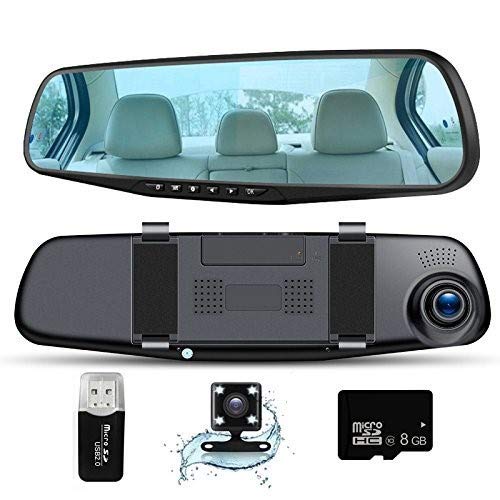 Car Camera Dash Cam Full HD 1080P, Rear View Mirror Dual Lens Camera,Car Video Driving Recorder with 150 Degree Wide Angle ,Car DVR with G-Sensor, Loop Recording, Parking control Mode, Car Charger