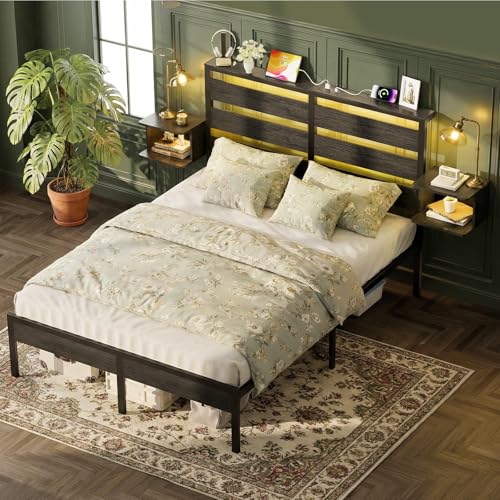FURRIFIC Cama Matrimonial con 2 Mesitas de Noche Flotantes, Base Matrimonial con Cabecera Almacenamiento, Marco con Luces LED RGB, Estación de Carga, Amplio Espacio Inferior, Estructura de Cama Negra