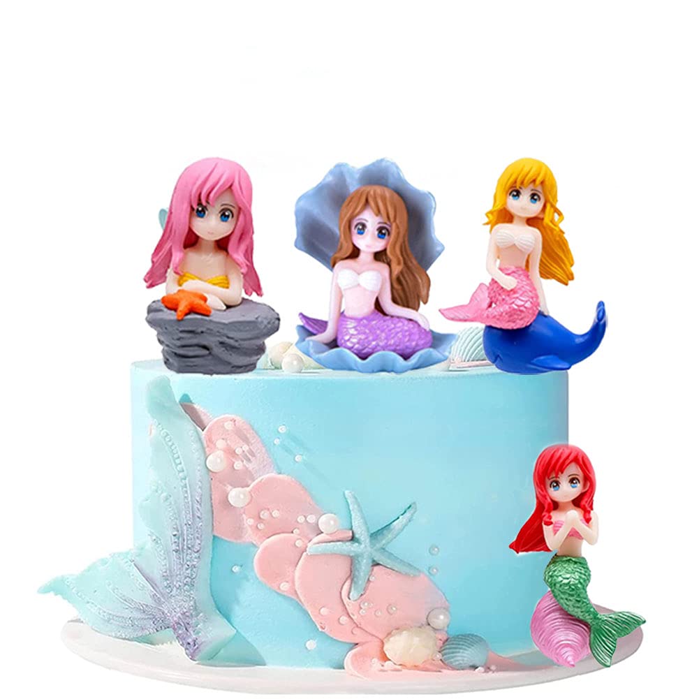 Morofme 4pcs Mermaid Cake Topper, Little Cute Mermaid Doll Figurines, Mermaid Birthday Cake Cupcake Topper Decorations for Kids Girls Mermaid Princess Under the Sea Theme Birthday Baby Shower Party