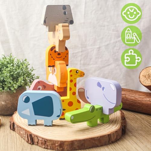 LOVESTOWN 10PCS Wooden Animals Stacking Blocks, Animal Stacking Toys Balance Game with Challenge Cards Montessori Toys for Toddlers Girls Boys 2 3 4 Year Old