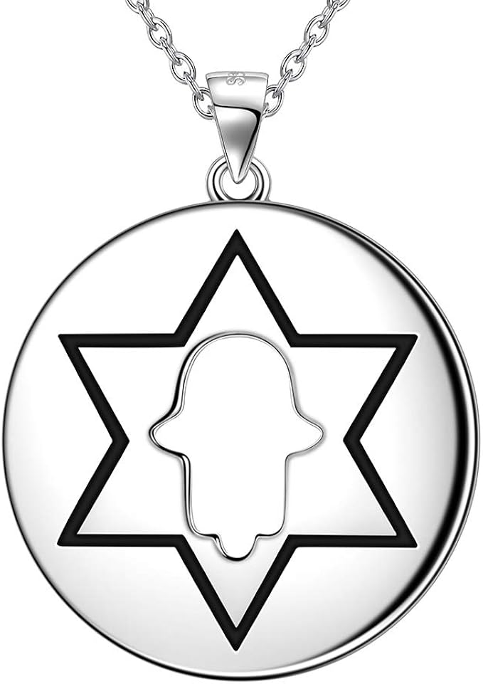 Jewish Star Of David Hamsa Hand Disc Necklace Sterling