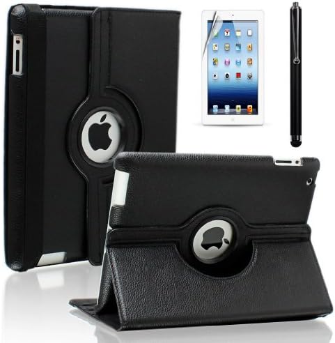 SAVEICON PU Leather Case Smart Cover with Stand For The New iPad 4 4th Generation with Retina Display, iPad 3 and iPad 2 with Sleep and Wake Function (With Screen Protector, SAVEICON LCD Screen Cloth and SAVEICON Stylus) (iPad 2/3/4 Rotating, Black)