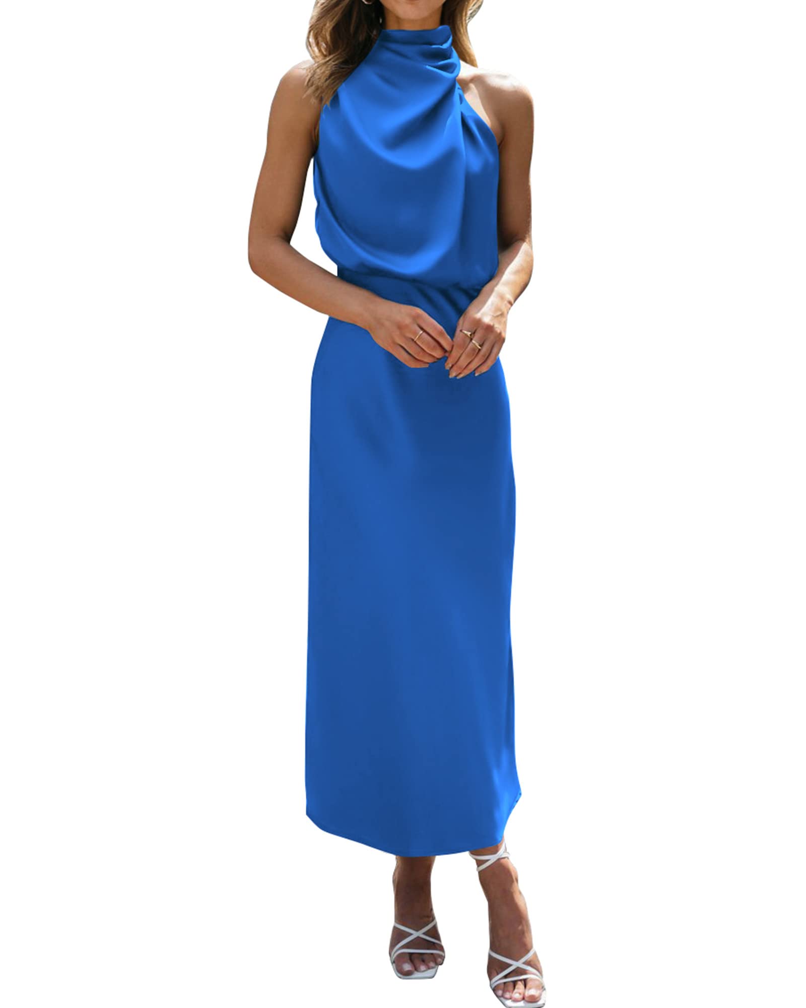 Photo 1 of BTFBM Women Sleeveless Cocktail Dresses Fall Mock Neck Keyhole Elastic High Waist Evening Party Maxi Wedding Guest Dress(Brilliant Blue, Large)