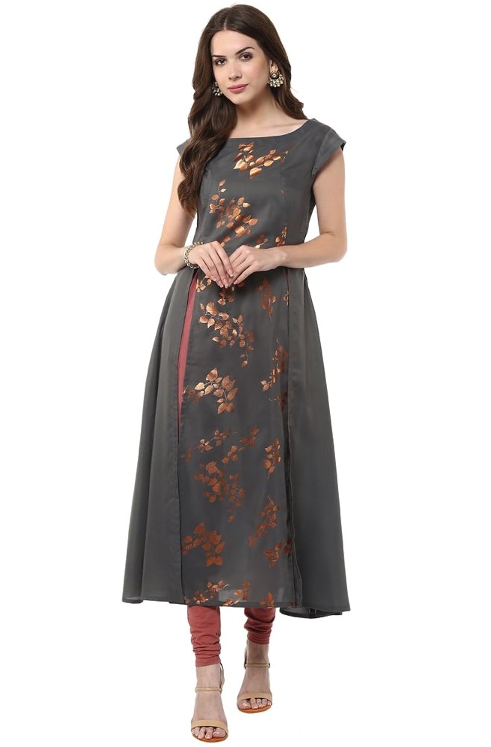 janasya women's grey anarkali casual crepe kurti