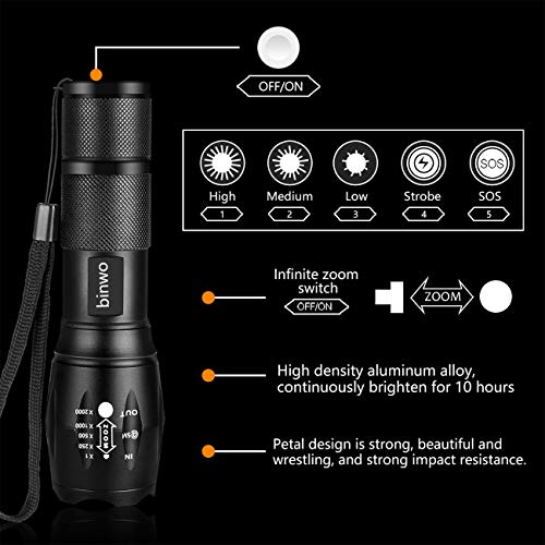 BINWO LED Flashlight Super Bright 2000 Lumen Rechargeable Flashlight, CREE T6 Flashlight with 5 Modes, Zoomable Waterproof Flashlight Torch Light for Hiking, Camping and Outdoor Activities