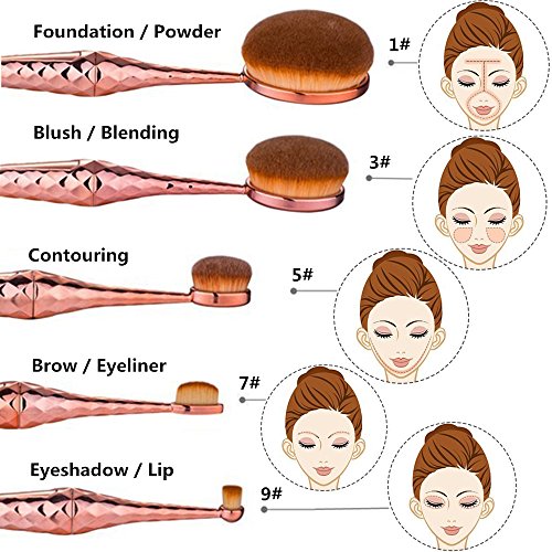 Beauty Kate Oval Makeup Brush Set of 5pcs Diamond Mermaid Toothbrush Cosmetics Makeup Brushes (Rose Gold) - Professional Concealer Brush Foundation Oval Brush Tool - Thumbnail 2