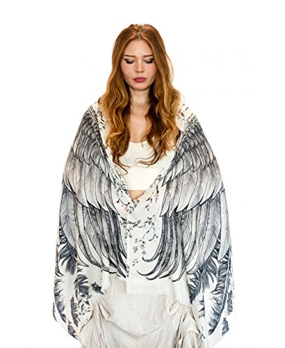 Delicately Hand Painted Silk & Cashmere White Bird Feather Shawl Wrap Scarf