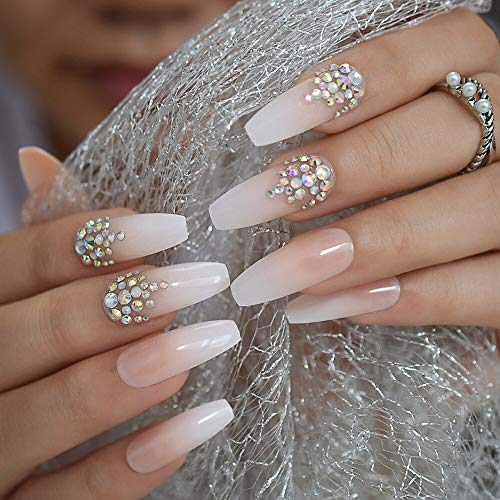 Luxury Coffin Nails with AB Rhinestones Ombre French Nail with Stones Long False Nails Natural Color Designed 3 Luxury Coffin Nails with AB Rhinestones Ombre French Nail with Stones Long False Nails Natural Color Designed