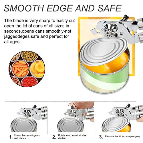 Stainless Steel Can Opener Manual Food-safe Good Gripswith Built-in Bottle Opener Smooth Edge Swing Away Comfort Grips (Silver) - Thumbnail 4