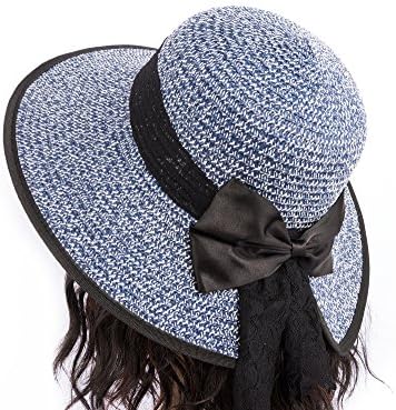 Hollosport Fashion Sun Hats for Women Straw Sun Hat for Ladies Wide Brim Beach Hat Protection Sun Hat Girls Hat (Blue)