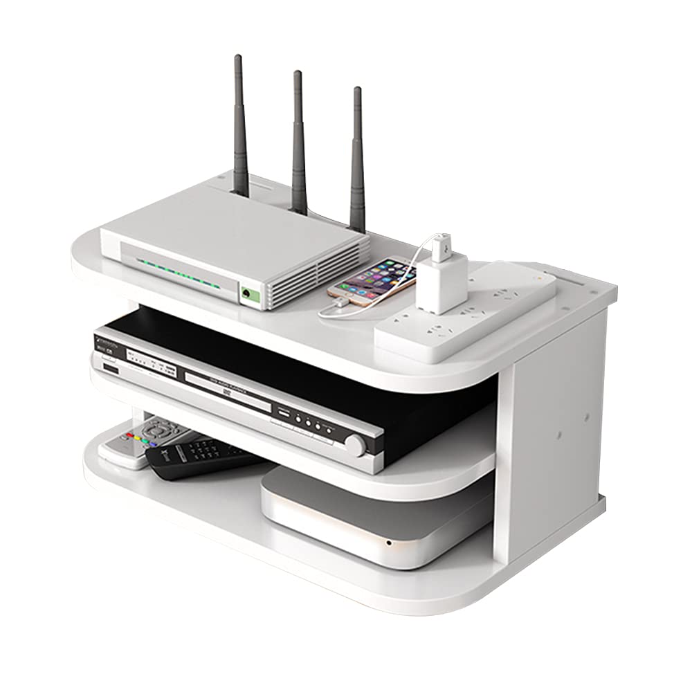 Hggzeg WiFi Router Storage Box Floating Shelves TV Set-Top Rack, Wall-Mounted Multi-Layer Cable Management Storage Shelf for Wall Decoration (jl04, White)
