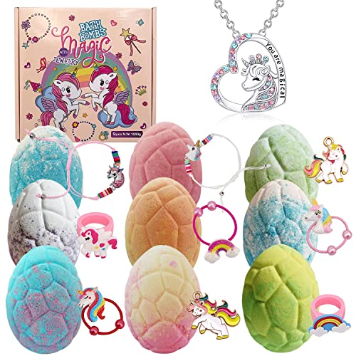Unicorn Bath Bombs Gift Set with Jewelry Inside, 9 Pack Organic Kids