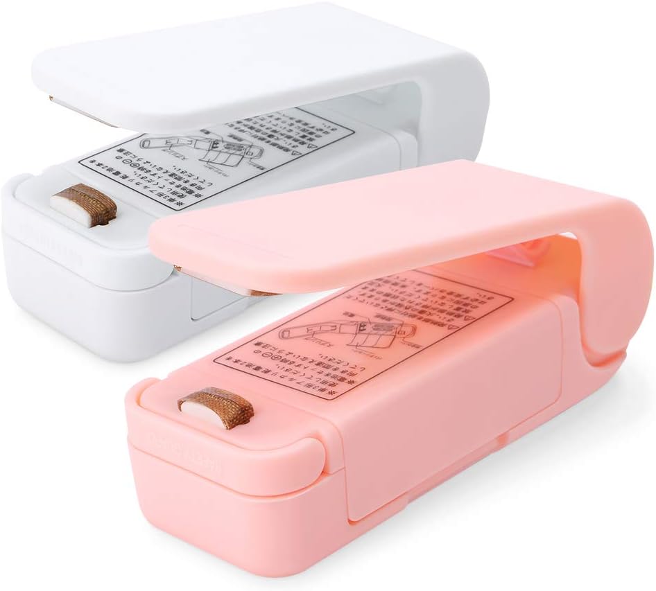 Mini Bag Sealers 2 Packs, Sarissa Handheld Portable Heat Sealing Machine Plastic Bag Sealer for Food Storage Reseals Snack Bags or Travel, Battery Not In (pink and white)