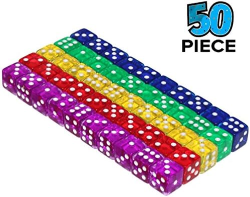 XCT 16mm 6-Sided Game Dice Set - Assorted Translucent Colorful Dice in Red, Yellow, Blue,Green,Purple for Board Games, Activity, Gaming Theme, Party Favors, Toy Gifts (50 Piece/Set)