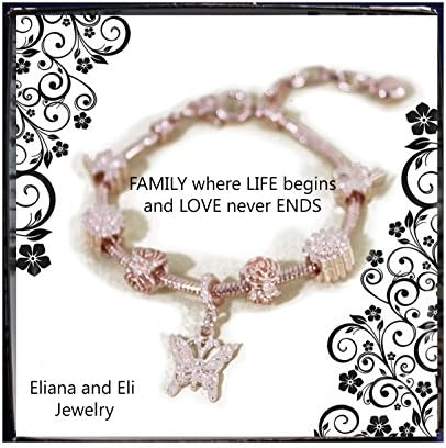 Eliana and Eli Butterfly Rose Gold- Mother Daughter Friendship Charm Bracelet Jewelry -European Beads Charms Bracelet Gift