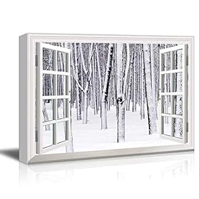 Modern White Window Looking Out Into a Snowed in Forest - Canvas Art Home Art - 24x36 inches